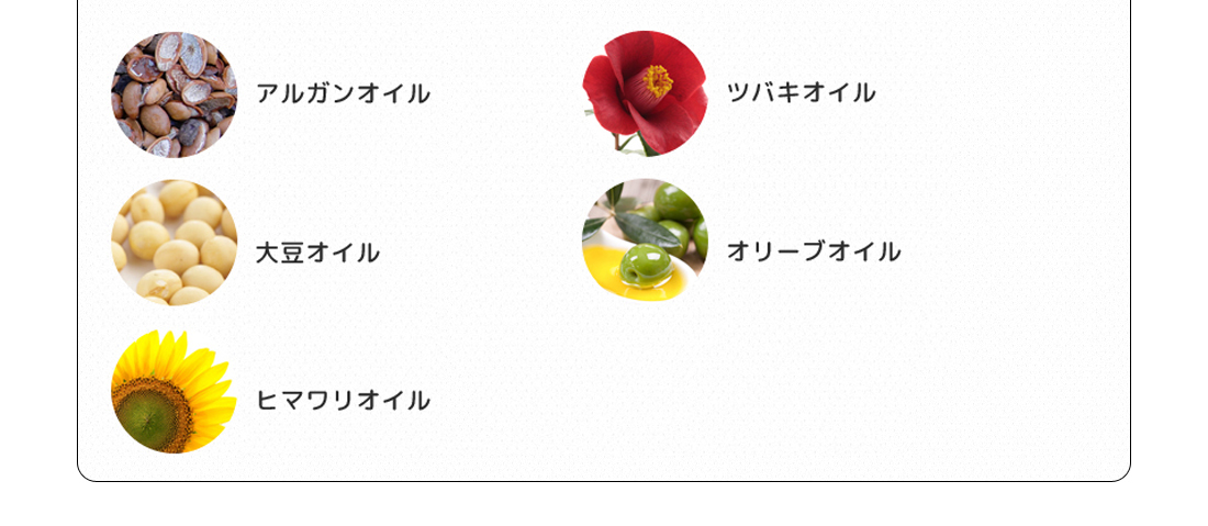 アルガンオイル、ツバキオイル、大豆オイル、オリーブオイル、ヒマワリオイル